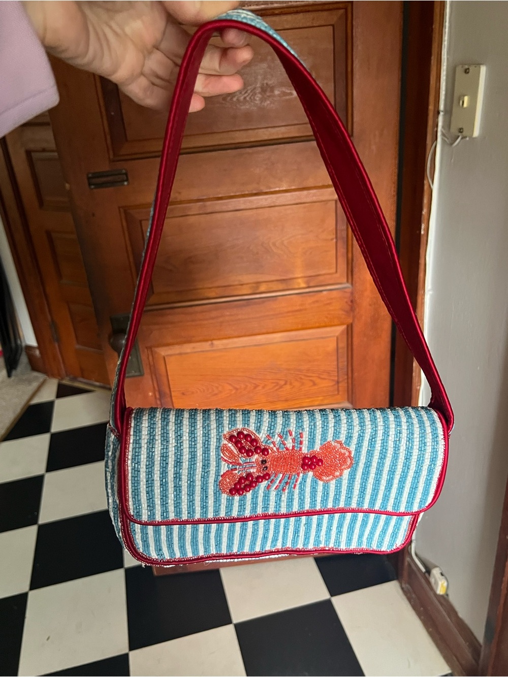 Beaded Lobster Embellished Striped Shoulder Bag